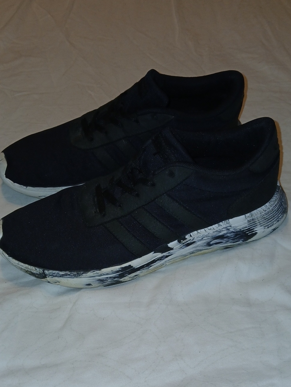 Womens Adidas Cloudfoam Marbled Black On Black 3 Stripe Running Shoes Sz: 8